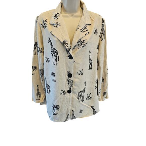 Michael Taylor sz M / L (?) Linen giraffe art shaket beige neutral button front - Picture 1 of 7